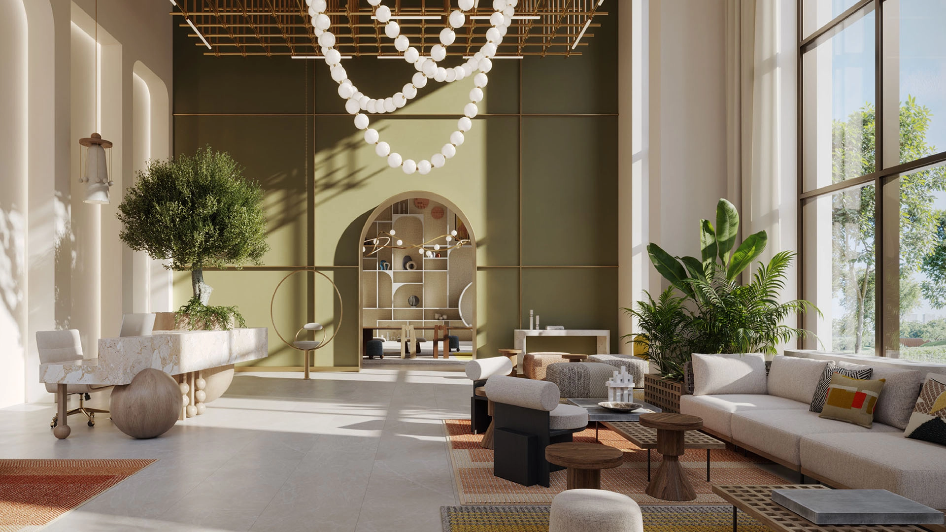 Calm indoor space with seamless garden views and soft textures